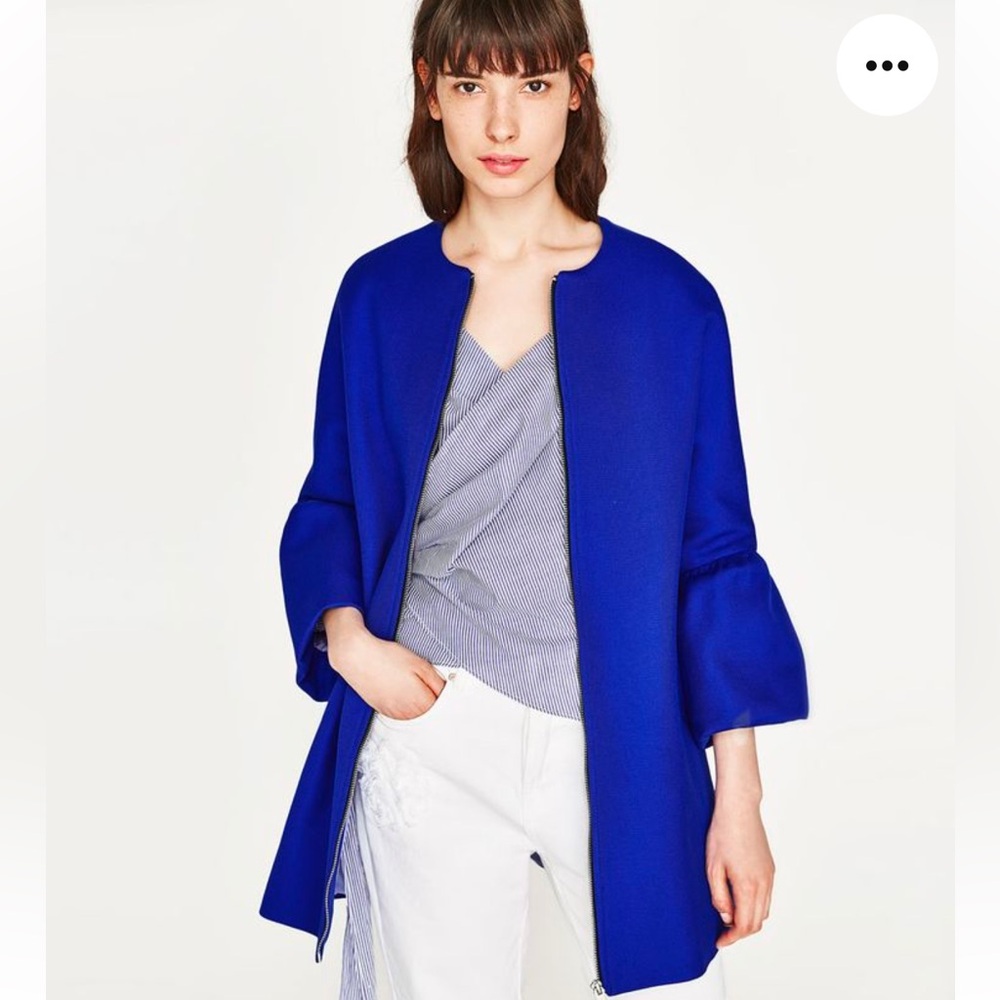 Zara Vibrant Blue Mod Zip Up Ruffle Sleeves Boho Car Coat Blazer, Size XL